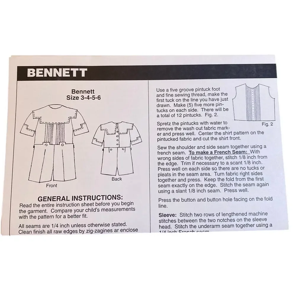 Treasures of the Past VTG Annie B Wells 0211 BENNETT 3-6 Sewing Pattern Uncut FF